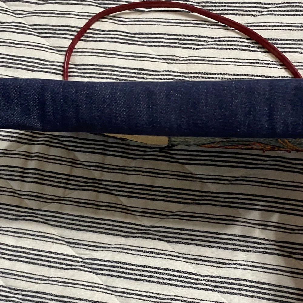 Ralph Lauren Straw & Denim Embroidered Wristlet with Pink and Green Accents - Picture 5 of 6